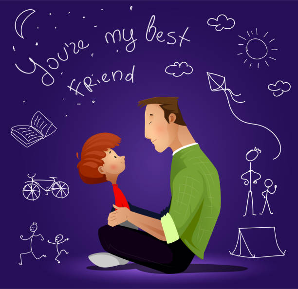 Father and son on blue background Father and son on blue background. Father's day vector illustration couple hugging drawing stock illustrations