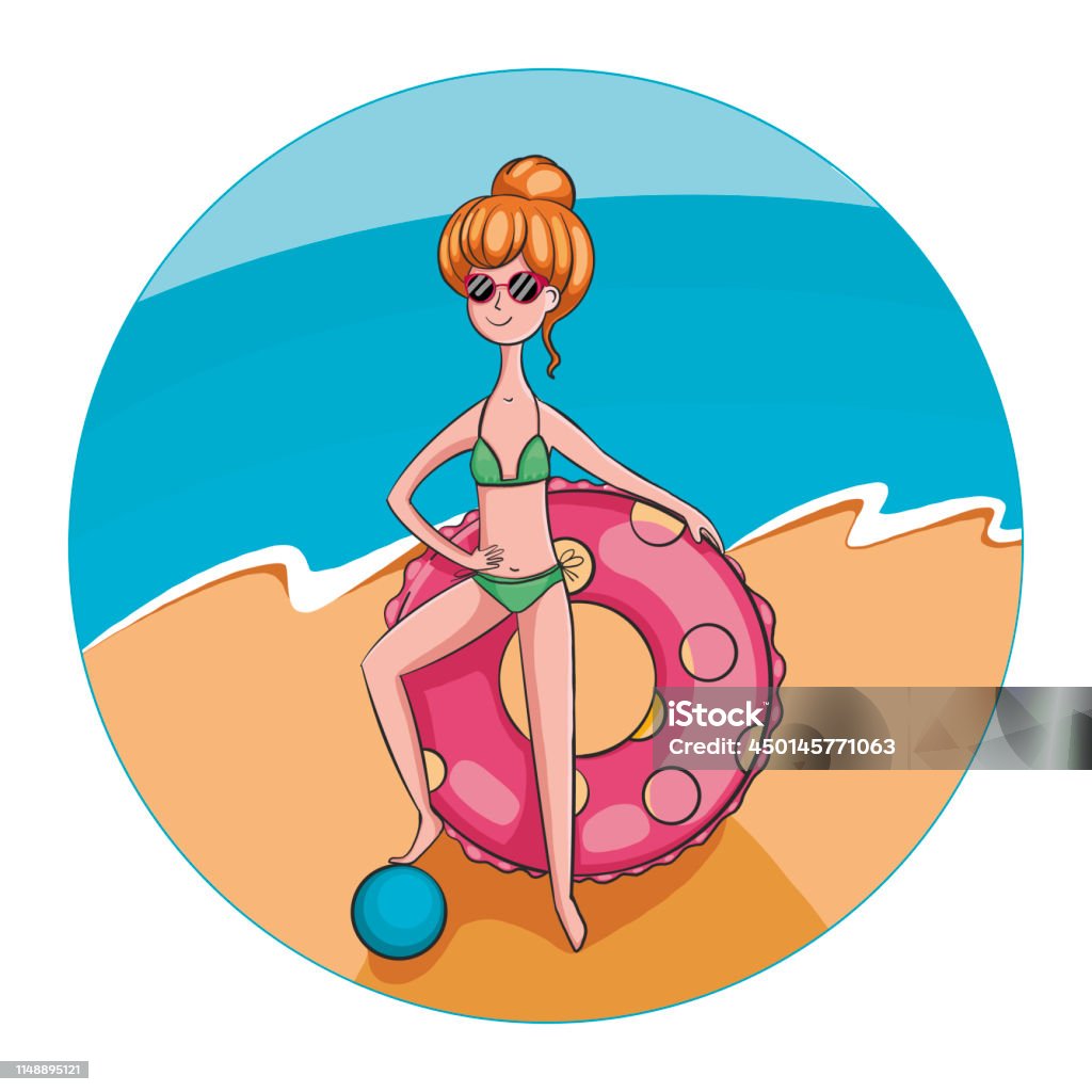 young beautiful girl on the beach. girl tan in a swimsuit on the background of the sea. a woman holds a rubber ring for swimming Adult stock vector