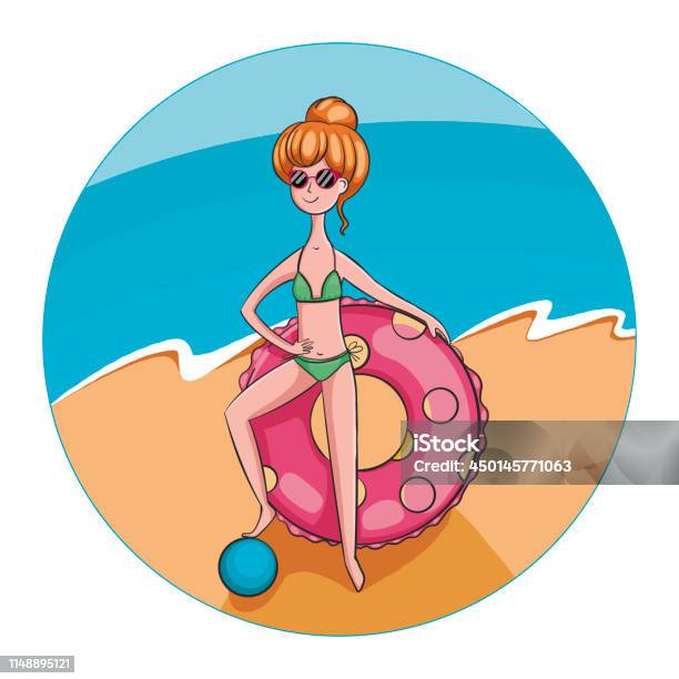 Young Beautiful Girl On The Beach Girl Tan In A Swimsuit On The Background Of The Sea A Woman Holds A Rubber Ring For Swimming Stock Illustration - Download Image Now