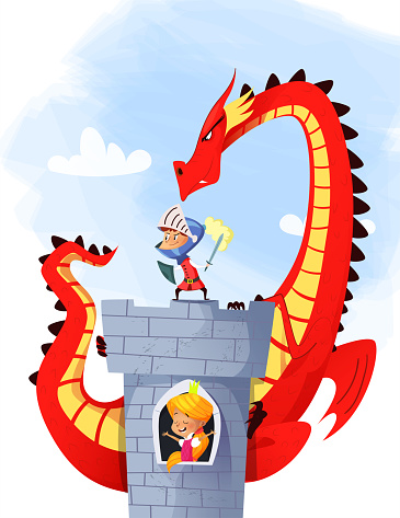 Cartoon illustration of knight saving princess from dragon