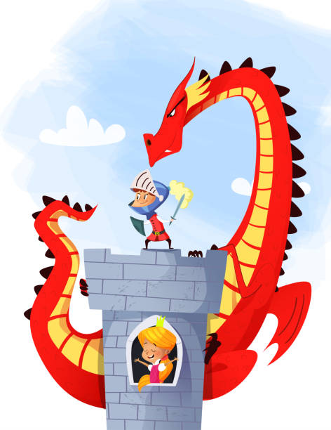 Cartoon illustration of knight saving princess from dragon vector art illustration