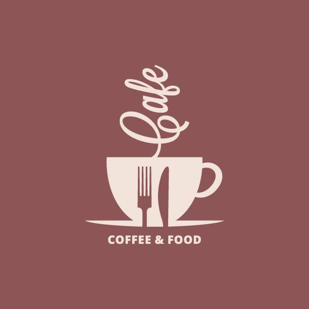 bildbanksillustrationer, clip art samt tecknat material och ikoner med kaffekopp med gaffel och kniv. mat och kaffe kafé logo vektor bakgrund - fika