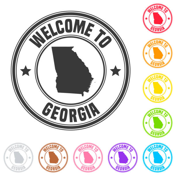 Welcome to Georgia (USA) stamp - Colorful badges on white background Stamp of "welcome to Georgia (USA)" isolated on a blank background. The stamp is composed of the map in the middle with the name below and "Welcome to" at the top, separated by stars. The stamp is available in different colors (Multi color choice: black, red, orange, yellow, green, blue, purple, pink, brown and gray). Vector Illustration (EPS10, well layered and grouped). Easy to edit, manipulate, resize or colorize. georgia us state illustrations stock illustrations