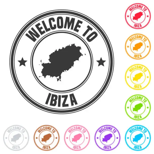 Vector illustration of Welcome to Ibiza stamp - Colorful badges on white background