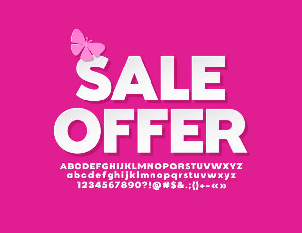 Vector cute banner Sale Offer with butterfly. Flat Alphabet Letters, Numbers and Symbols Modern white Font butterfly alphabet stock illustrations