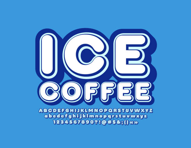 Vector retro logo Ice Coffee with trendy Font. Vintage blue Alphabet Set of old fashioned Letters, Numbers and Symbols cold drink stock illustrations