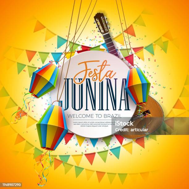 Vetores de Ilustração Da Festa Junina Com Guitarra Acústica Bandeiras Do Partido E Lanterna De Papel No Fundo Amarelo Tipografia Na Tabela De Madeira Do Vintage Projeto Tradicional Do Festival De Junho Do Brasil Do Vetor Para O Cartão O Convite Ou O Poster Do e mais imagens de Festa