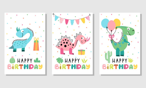 Birthday card set with cute dinosaurs Happy birthday greeting cards. Vector hand drawn templates for kids birthday with cute dinosaurs. dinosaur birthday stock illustrations