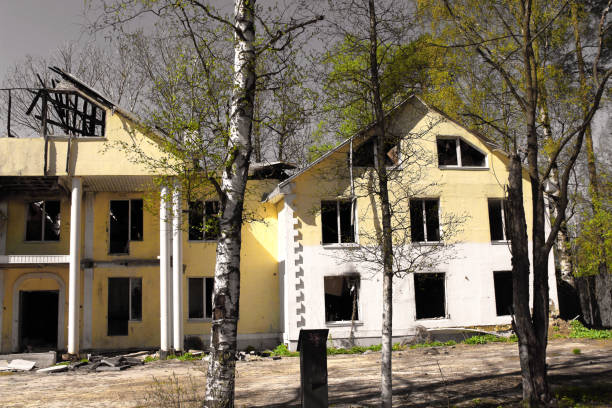 quemado después de fuego gran casa de campo con un techo dañado colapsado contra un cielo gris. incendiada una gran casa de campo con un tejado dañado contra un cielo gris - house farm brick chimney fotografías e imágenes de stock