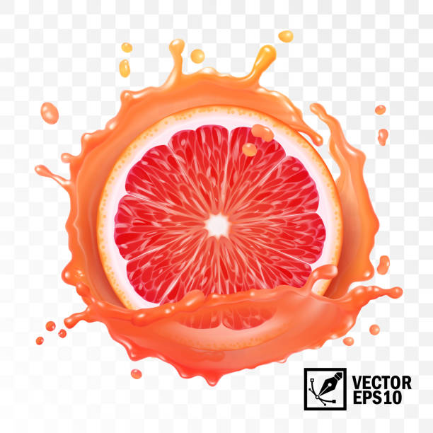 3d realistic vector sliced grapefruit in a transparent splash of juice with drops, editable handmade mesh 3d realistic vector sliced grapefruit in a transparent splash of juice with drops, editable handmade mesh grapefruit stock illustrations