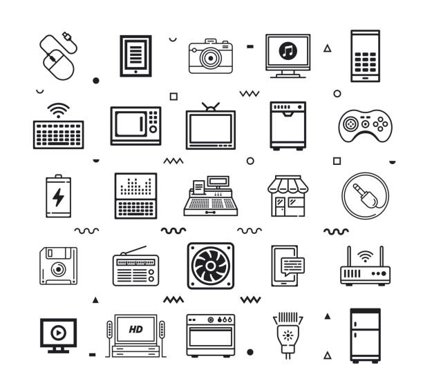 Electronics and home appliances outline style symbols. Line vector icons set for infographics, mobile and web designs.
