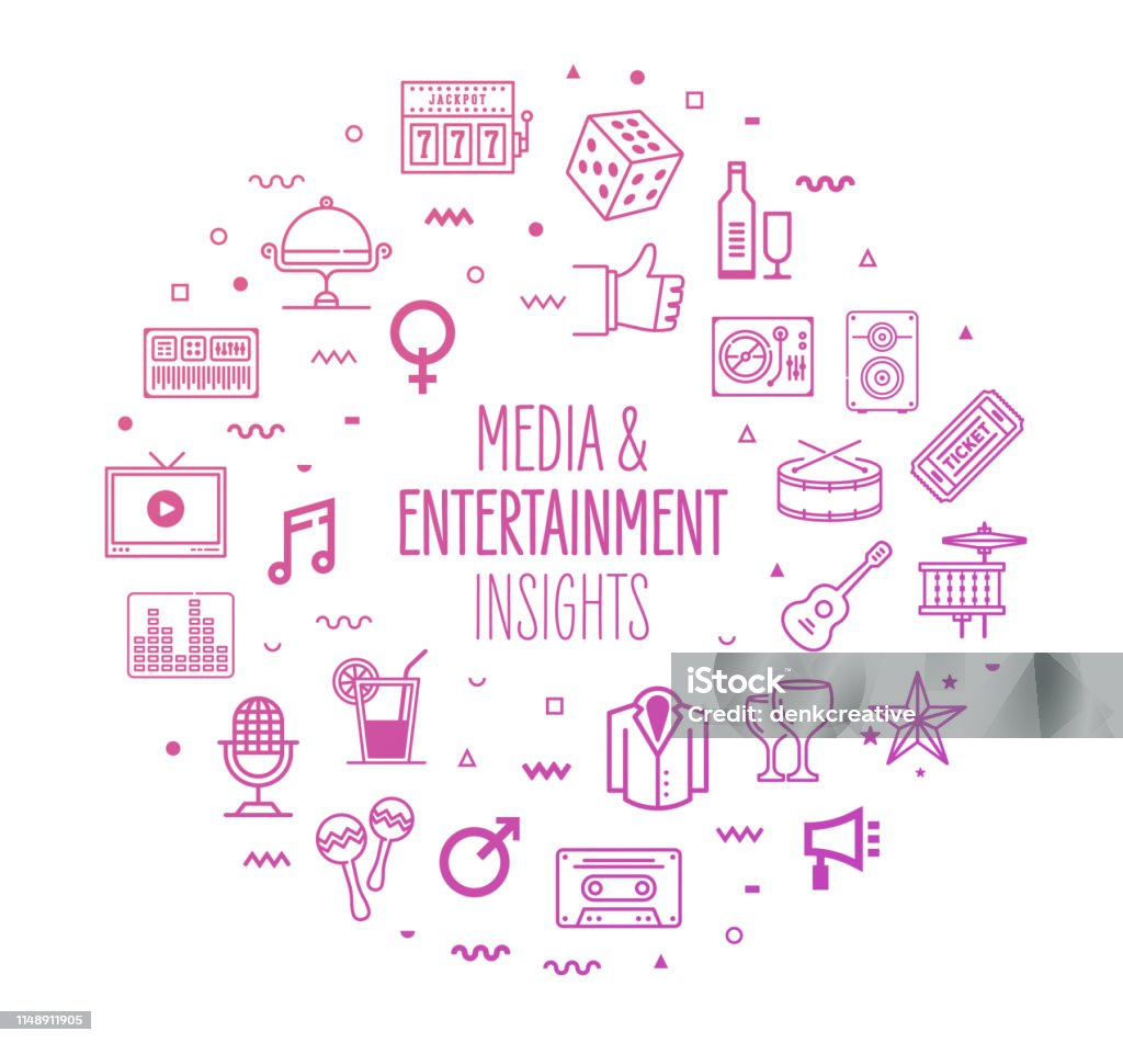 Media Entertainment Insights Outline Style Infographic Design Media entertainment insights outline style symbols on modern gradient background. Line vector icons for infographics, mobile and web designs. DJ stock vector