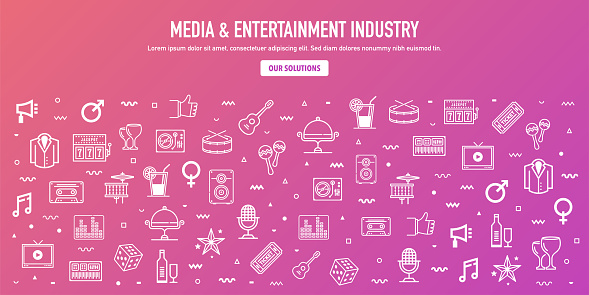 Media entertainment industry outline style web banner design. Line vector icons for infographics, mobile and web designs.