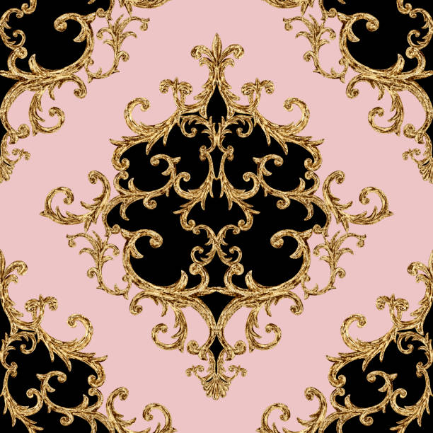 バロック様式の金色の要素の装飾の継ぎ目が無いパターン。ピンクの背景に水彩の手描きゴールド要素のテクスチャ。 - baroque style wallpaper pink retro revival点のイラスト素材／クリップアート素材／マンガ素材／アイコン素材