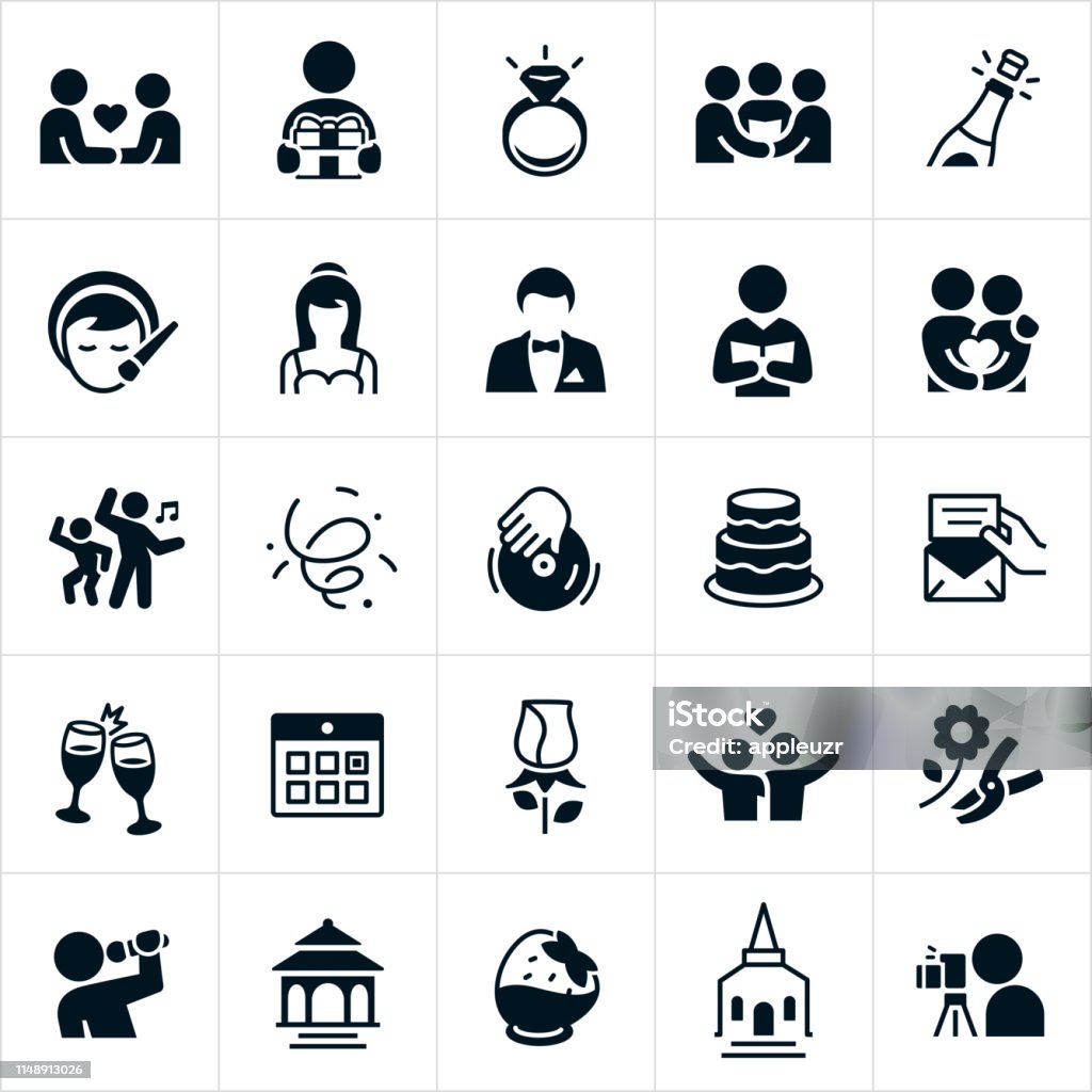 Wedding Icons A set of black wedding icons. The icons include couples getting married, a bride, groom, wedding ring, wedding ceremony, champagne, hair and makeup, pastor, couple, dancing, DJ, wedding cake, invitation, toast, calendar, rose, flowers, singing, gazebo, chocolate strawberry, church and photographer to name just a few. Icon Symbol stock vector