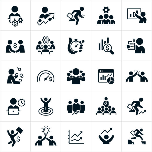 A set of black productivity icons. The icons include business people working at computer, moving forward and up in their careers, running with a briefcase, a business team with cog, business person giving presentation, making a deal, in a conference meeting, making money, juggling, money goals, high five, on the clock, achieving success, holding a lightbulb and jumping a canyon to name just a few of the different concepts illustrated.