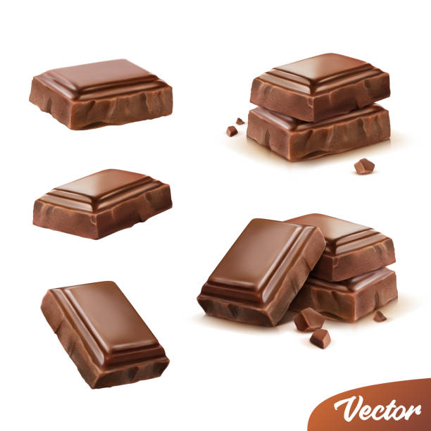 ilustraciones, imágenes clip art, dibujos animados e iconos de stock de 3d realista aislado vector conjunto de iconos, trozos de leche o chocolate negro con migajas, movibles - chocolate