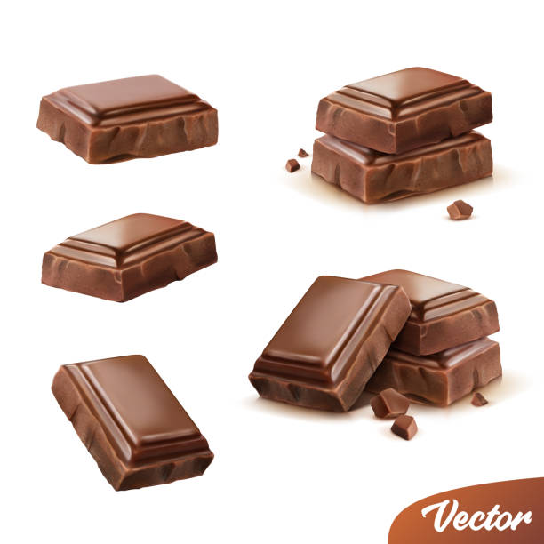 3d realistyczny zestaw izolowanych ikon wektorowych, kawałki mleka lub ciemnej czekolady z okruchami, ruchome - chocolate stock illustrations