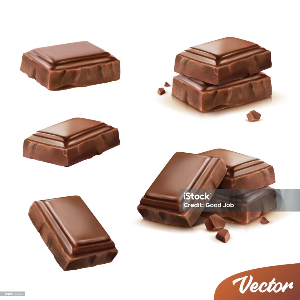 3d realistic isolated vector icon set, pieces of milk or dark chocolate with crumbs, movable Chocolate stock vector