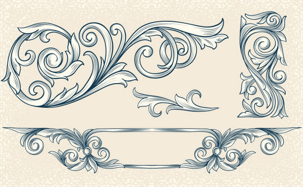 ilustraciones, imágenes clip art, dibujos animados e iconos de stock de elementos decorativos de diseño vintage ornamentados - decor ornate scroll shape frame