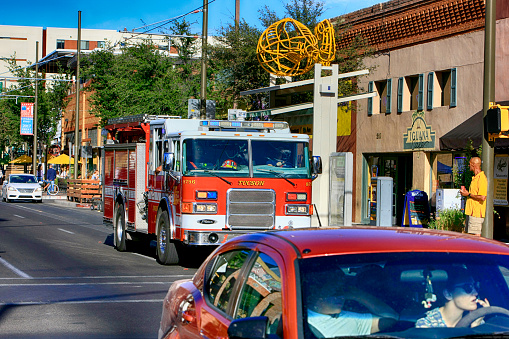 Fire truck racing to the scene of an accident down E Congress Street in Tucson AZ