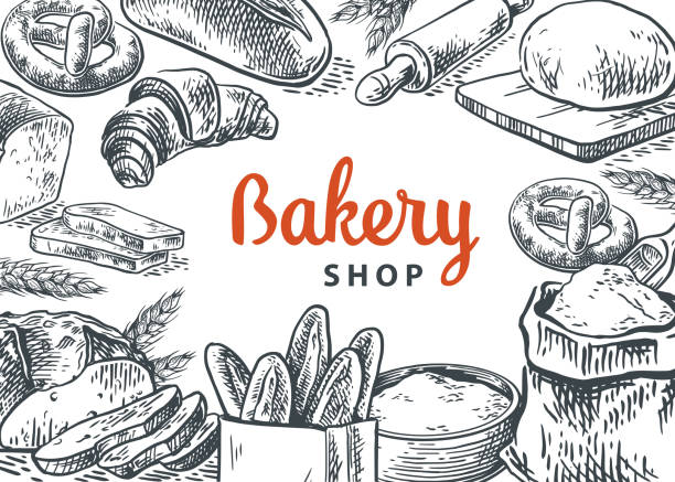 bakery shop frame Bakery background.  Linear graphic. Hand drawn sketch with bread, pastry, sweet. Bread and pastry collection. Background design template . Vector engraved illustration bread borders stock illustrations