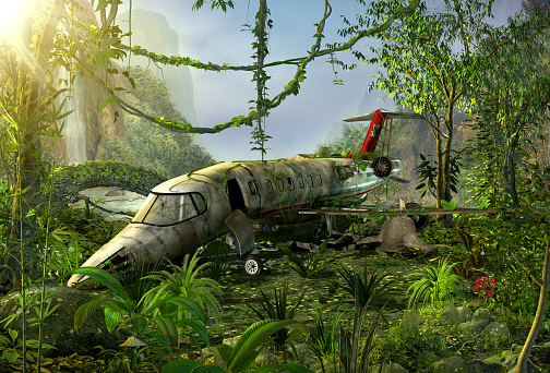 Airplane crashed in a lush jungle, wreck, crash site, 3d render