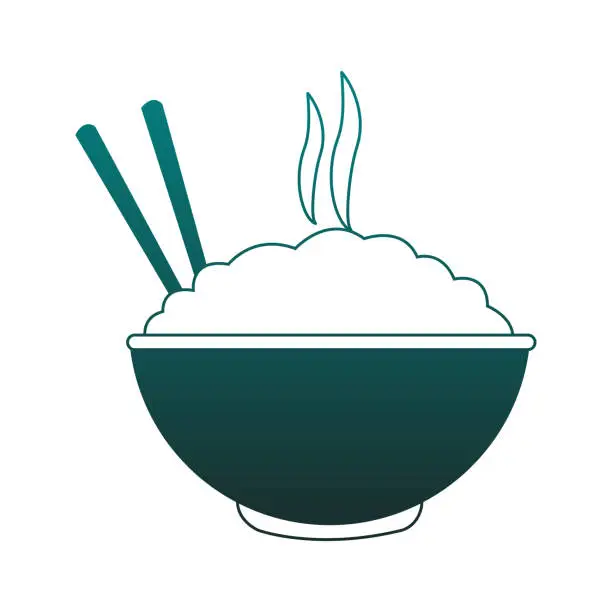 Vector illustration of Rice on bowl with chopsticks in blue lines