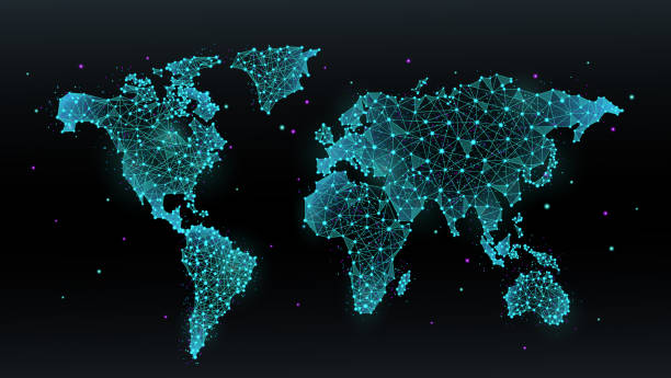 istock Map of the world communication network. Abstract mesh line and point scales on futuristic dark background. 3D polygonal network line, design sphere, dot and structure. 1148921101