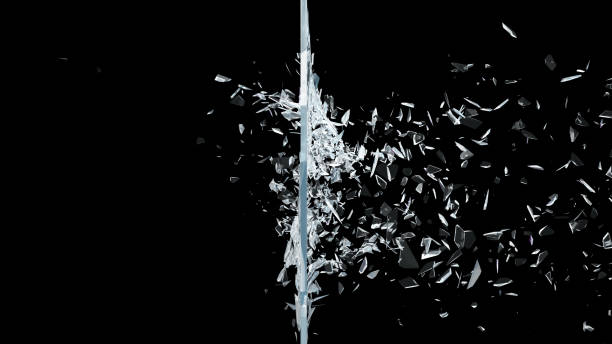 Abstract broken glass into pieces. Wall of glass shatters into small pieces. Place for your banner, advertisement. Explosion caused the destruction of glass. 3d illustration stock photo