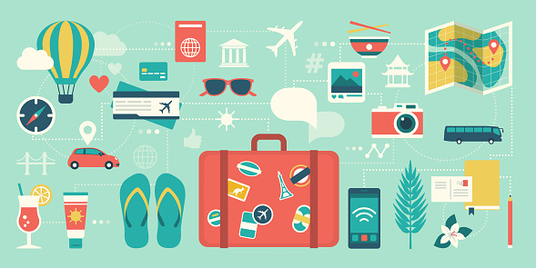 Summer vacations and international traveling: suitcase, smartphone and network of traveling icons