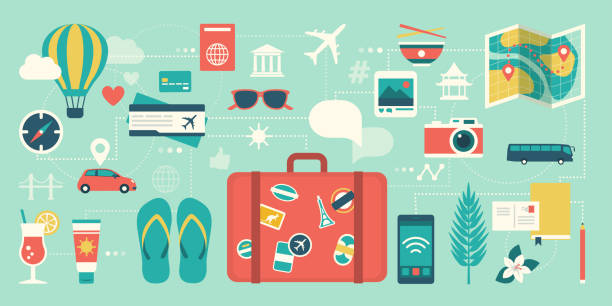 Summer vacations and international traveling Summer vacations and international traveling: suitcase, smartphone and network of traveling icons journey stock illustrations