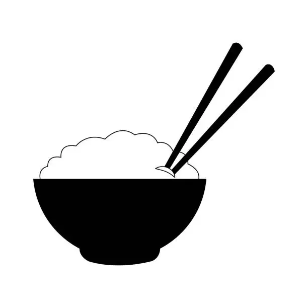 Vector illustration of Rice on bowl with chopsticks in black and white