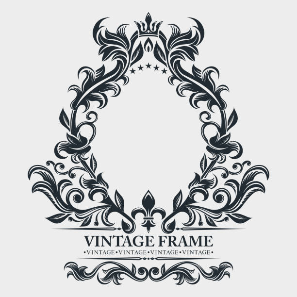 illustrazioni stock, clip art, cartoni animati e icone di tendenza di monogramma vettoriale. elegante logo emblema. cornice barocca vintage, bordo. ornamento floreale di scorrimento foglia. incisione modello di fiori retrò. stile antico, vortice, elemento di design decorativo. filigrana in bianco e nero.  invito di nozze ve - decoration ornate scroll shape shape