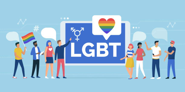 LGBT rights parade and online community Multiethnic group of people supporting a LGBT rights parade and online community social media app, gender and equality concept lesbian flag stock illustrations
