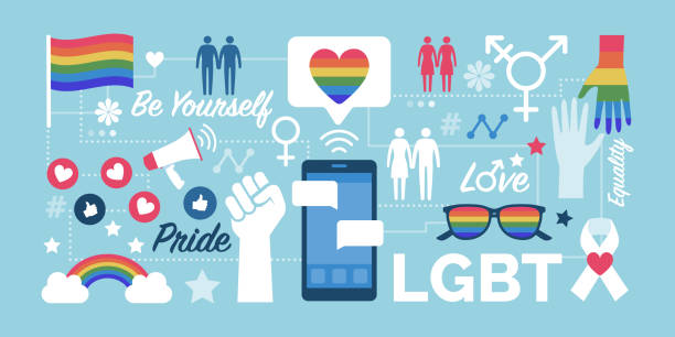 LGBT rights and social media community LGBT rights, gender equality and social media community support, network of icons lesbian flag stock illustrations