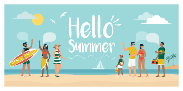 glückliche menschen, die sommerferien am strand haben - vector sand summer smiling stock-grafiken, -clipart, -cartoons und -symbole