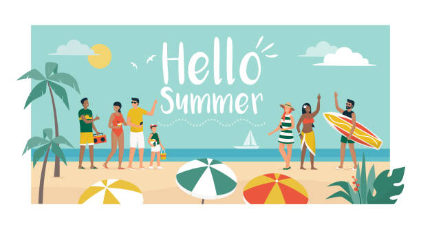 ilustrações de stock, clip art, desenhos animados e ícones de happy people enjoying summer vacations on the beach - vector sand summer smiling