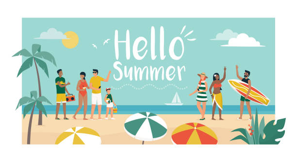 Happy people enjoying summer vacations on the beach Happy people enjoying summer vacations on the beach, they are dancing and talking, tourism and summer time concept family vacation stock illustrations