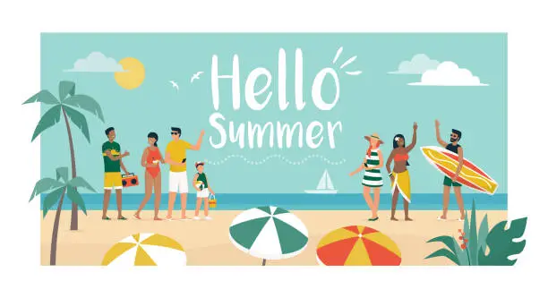 Vector illustration of Happy people enjoying summer vacations on the beach