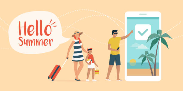 Happy family booking a summer vacation online Happy family booking a summer vacation online, the woman is carrying a trolley case and the man is using the booking app on the smartphone beach holidays stock illustrations