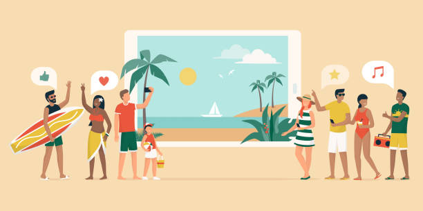 fröhliche leute buchen einen tropischen strandurlaub online - gesellschaftsspiel sommer stock-grafiken, -clipart, -cartoons und -symbole