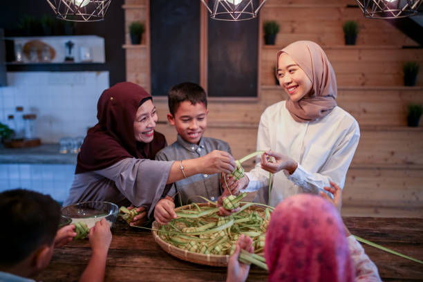 Family gathering and preparing food