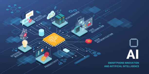 ilustraciones, imágenes clip art, dibujos animados e iconos de stock de las aplicaciones tecnológicas de ia - computer equipment virtual reality simulator mathematics technology