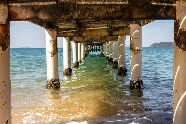 Pier on beach with sea in the background.\nRio de Janeiro - Brazil \n09/2017