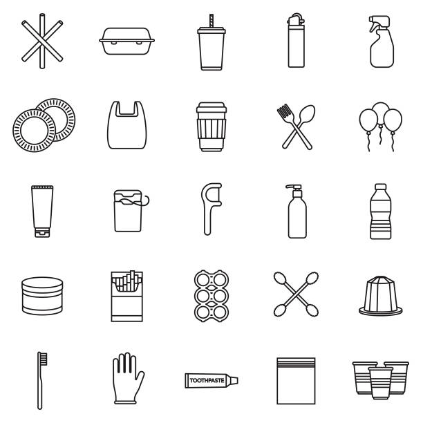 Single Use Plastics Icon Set A set of icons. File is built in the CMYK color space for optimal printing. Color swatches are global so it’s easy to edit and change the colors. disposable stock illustrations