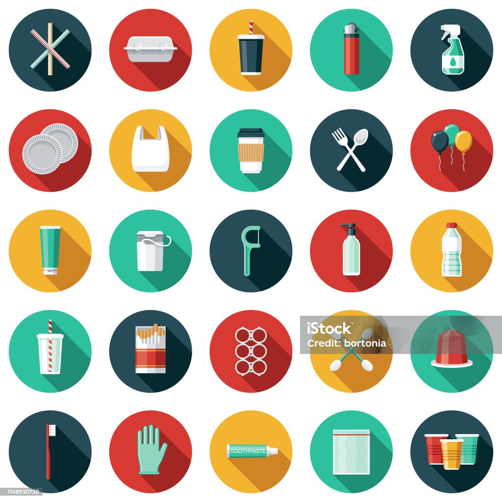 Single Use Plastics Icon Set A set of icons. File is built in the CMYK color space for optimal printing. Color swatches are global so it’s easy to edit and change the colors. Polystyrene stock vector