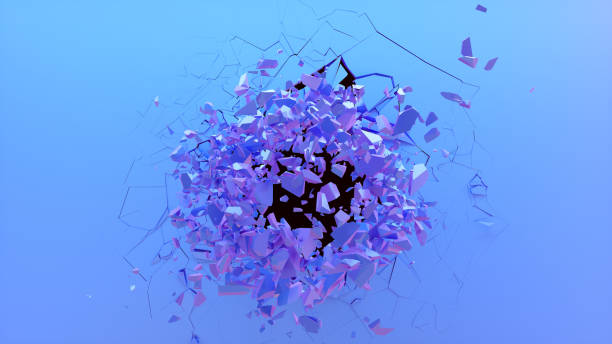 istock Broken wall dark pastel-violet color. Wall shatters into thousands of small pieces. Abstract destroyed background. Explosion, destruction, broken dark pastel-violet color wall, 3D illustration 1148932091