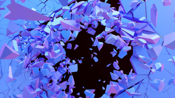 istock Broken wall dark pastel-violet color. Wall shatters into thousands of small pieces. Abstract destroyed background. Explosion, destruction, broken dark pastel-violet color wall, 3D illustration 1148932596
