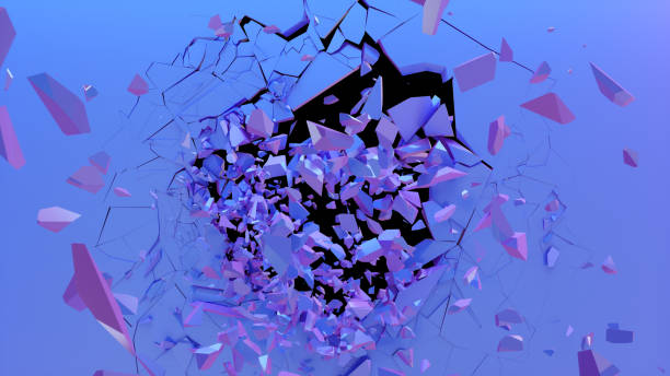 istock Broken wall dark pastel-violet color. Wall shatters into thousands of small pieces. Abstract destroyed background. Explosion, destruction, broken dark pastel-violet color wall, 3D illustration 1148932629